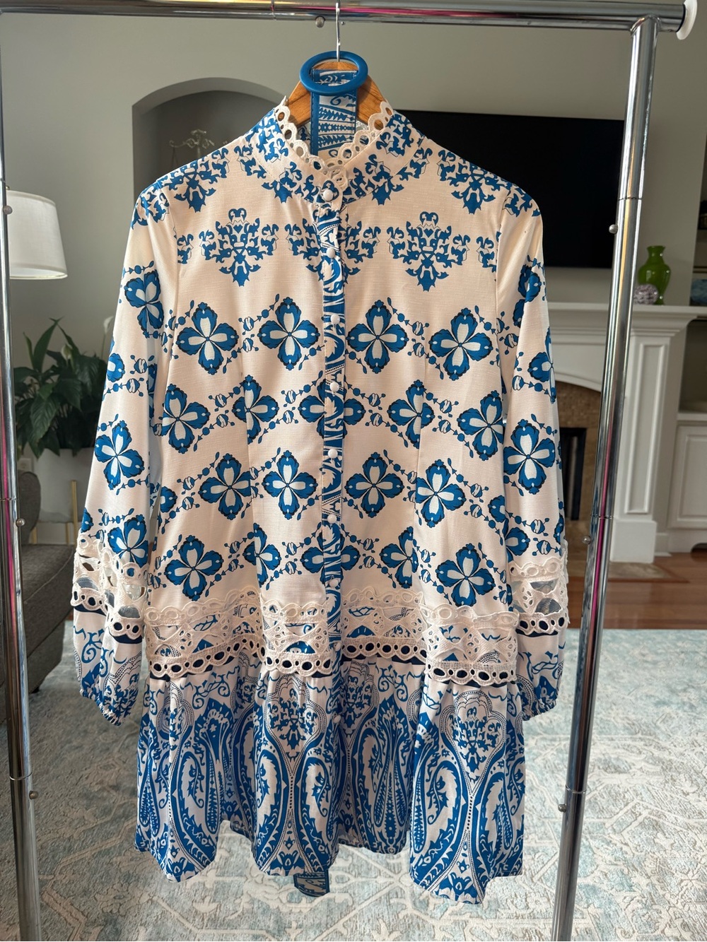 Blue & Cream Printed Long-Sleeve Buttoned Tunic Dress